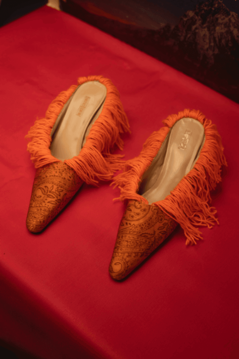 Orange Fringe Pointed-Toe Heeled Mules